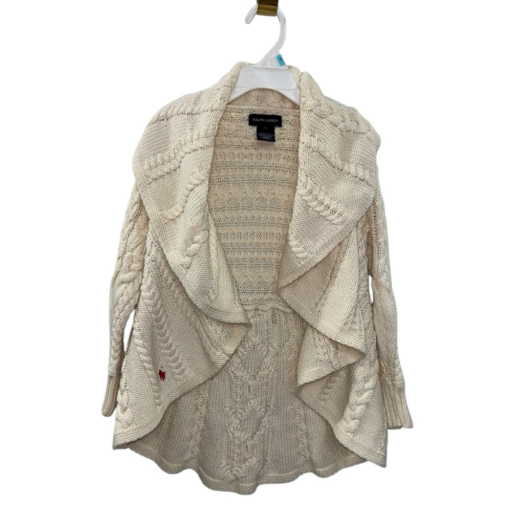 Ralph Lauren Girls Yth S 7/8 Cable Knit‎ Cardigan Cream Ivory Open Front Sweater